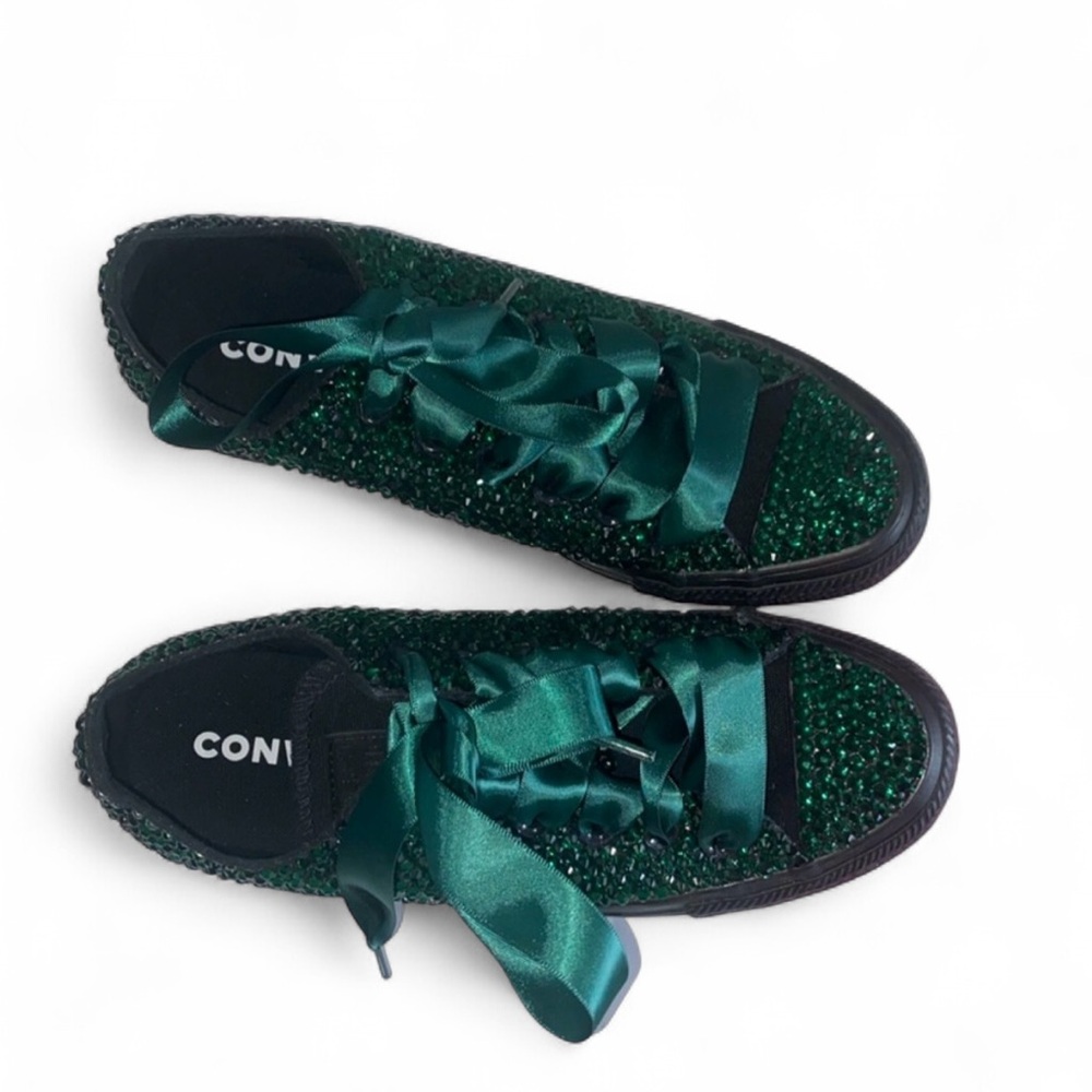 Emerald Green Crystal Low Top Converse Sizes 5-14 New In Box With Ribbon Laces - Picture 5 of 15